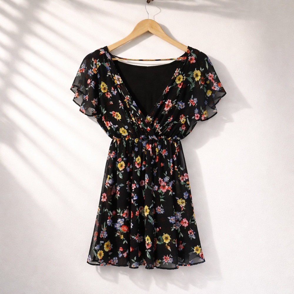 Lush Black Floral Mini Dress with Open Back - Picture 3 of 7